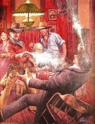 Depicting a saloon gun fight-paperback book cover illustration
